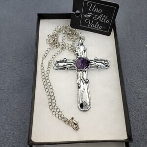 Uno Alla Volta Necklace Raw Amethyst Silvertone Cross Pendant Witchy Whimsigoth